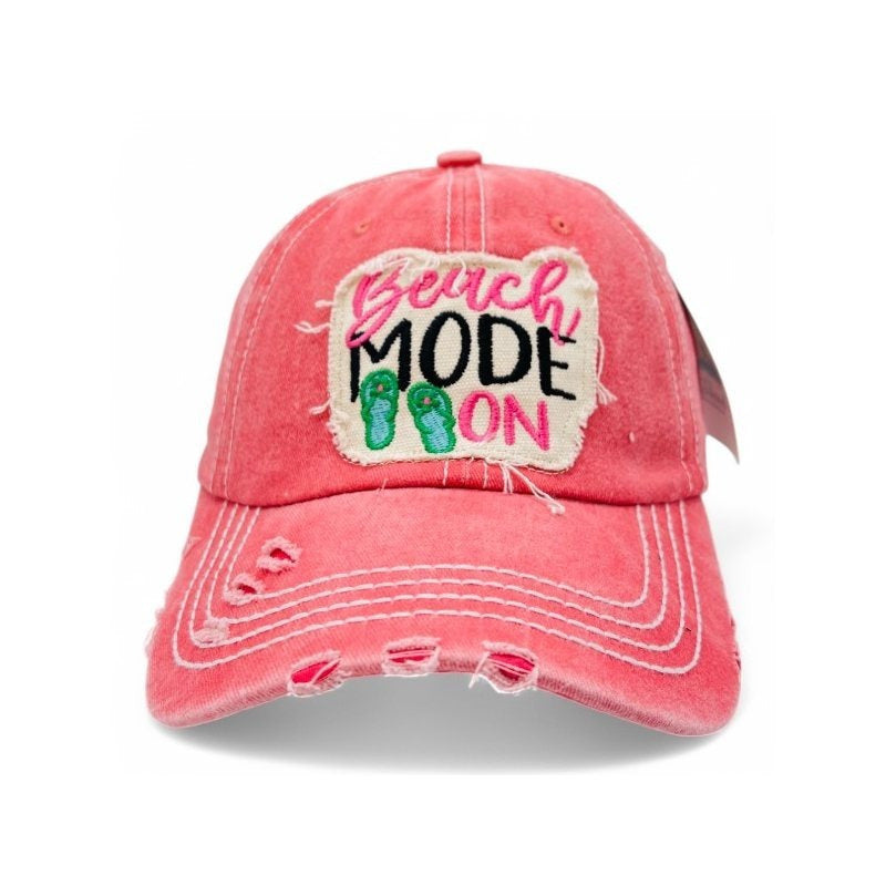 Beach Mode On Vintage Distressed Embroidered Baseball Cap For Women - 100% Cotton, Breathable, Casual, Adjustable, UV Protection