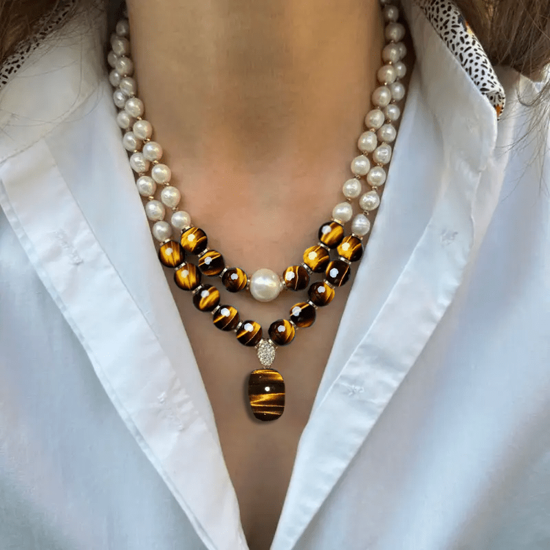 2pcs elegant and fashionable set necklace, natural tiger eye stone with freshwater Freshwater Pearls pendant necklace, best gift, Valentine's Day gift, suitable for daily life and party