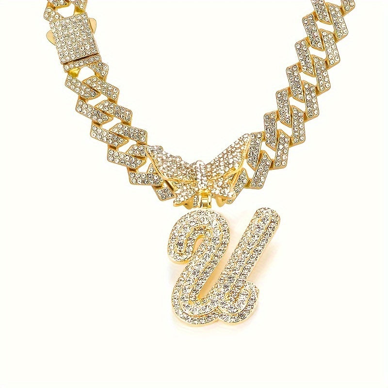 1pc Initial Letter Necklace for Men & Women - Cuban Link Chain with Butterfly Letter Pendant, - Alphabet, Suitable for Birthday/Father's Day/Mother's Day Gifts, Hip Hop Jewelry for,, Family