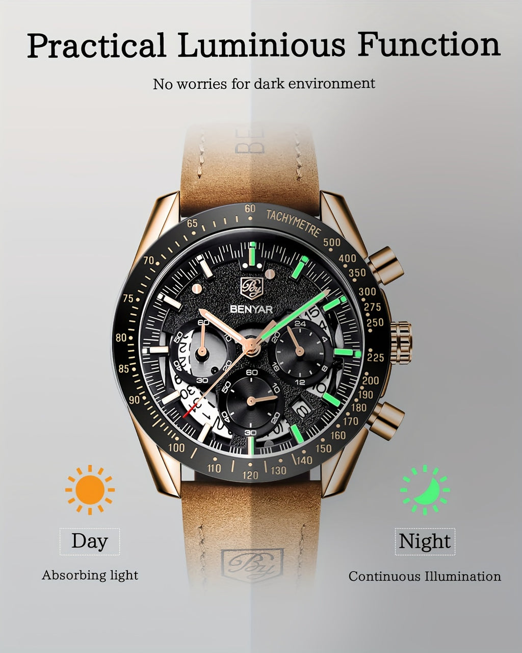 [BENYAR Luminous Chronograph Watch] BENYAR Analog Quartz Chronograph Luminous Watch - Big Face Mens Business Work Sport Casual Fashion Designer Dress Wrist Watch - Elegant Gift For Men