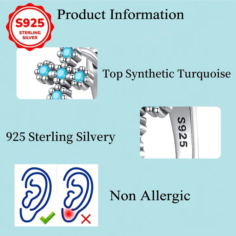 A Pair of New Blue Synthetic Turquoise Cross Earrings for Women, Low Allergenic, Made of 925 Sterling Silver, Featuring High-Quality Synthetic Inlay, Simple And Vintage Style, Trendy And Versatile Ear Accessories