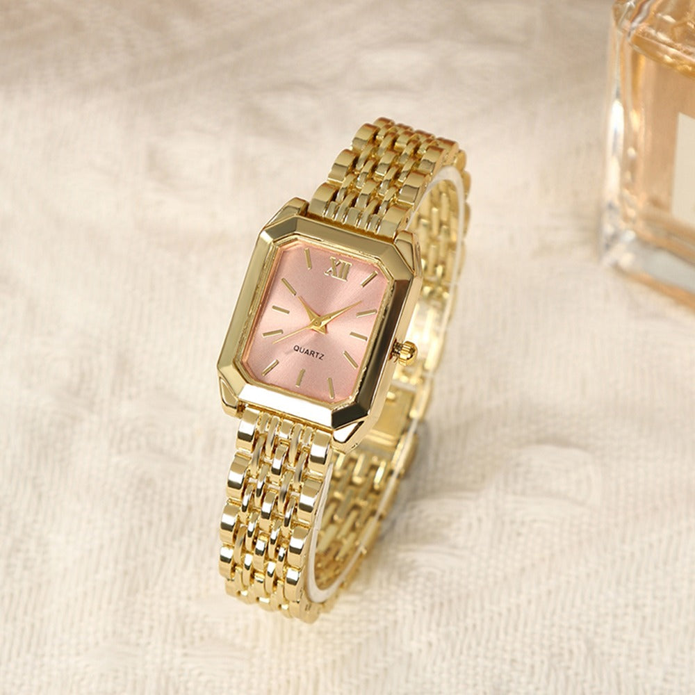 5pcs Women'S Stylish Elegant- Golden Tone Quartz Watch& Jewelry Set- Square Golden White Dial with Matching Necklace, Earrings, Ring- Parties Jewellery for women Set- Ideal Choice for Christmas Gift, Formal Occasions, Party Accessories