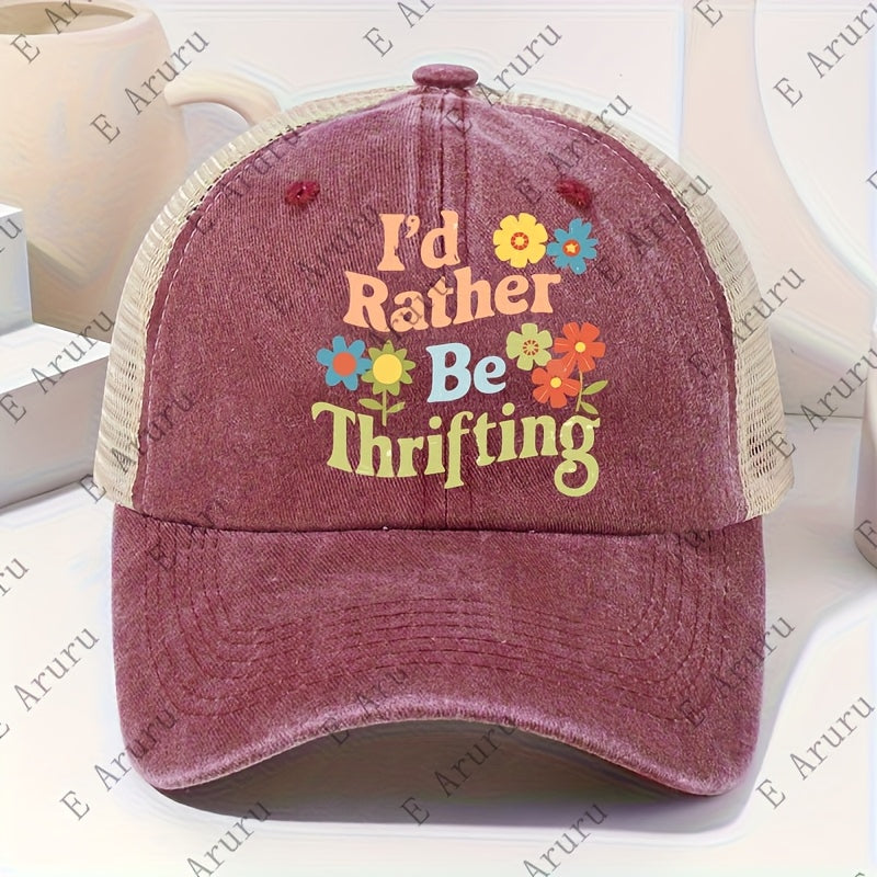 1pc Vintage Washed 'I'D Rather Be Thrifting' Printed Baseball Cap- Fashionable Outdoor Sports Sun Hat Ideal Gift with Adjustable Strap- Breathable Mesh Back