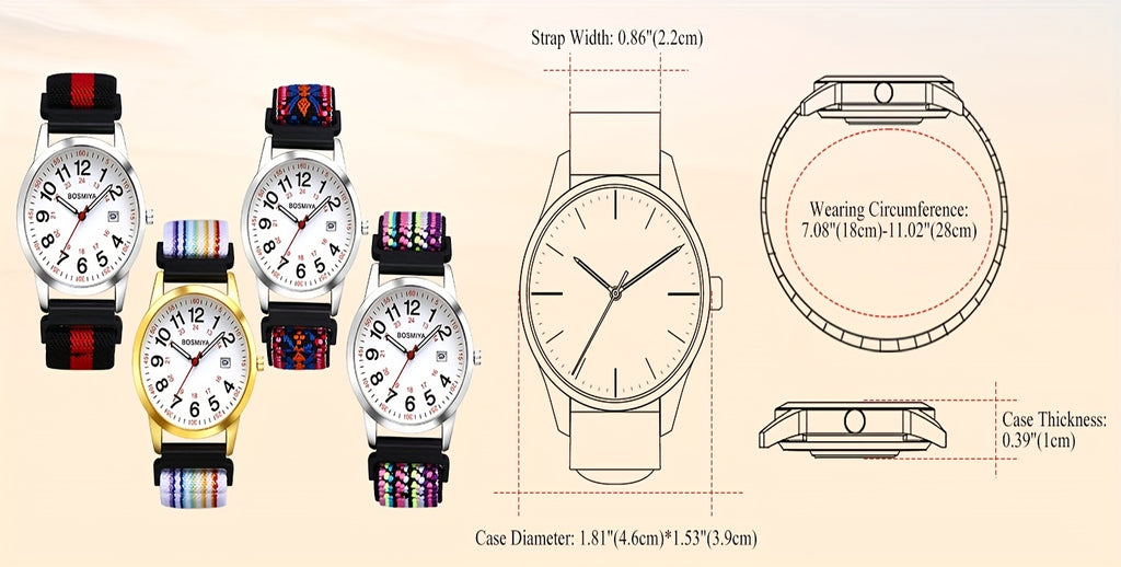 [Colorful Elastic Watch] Colorful Elastic Watch with Arabic Numerals, Calendar, 24-hour Format, Round Case, Stretch Braided Rope Nylon Strap, Suitable for Casual Business Wear, Birthday Christmas Gift