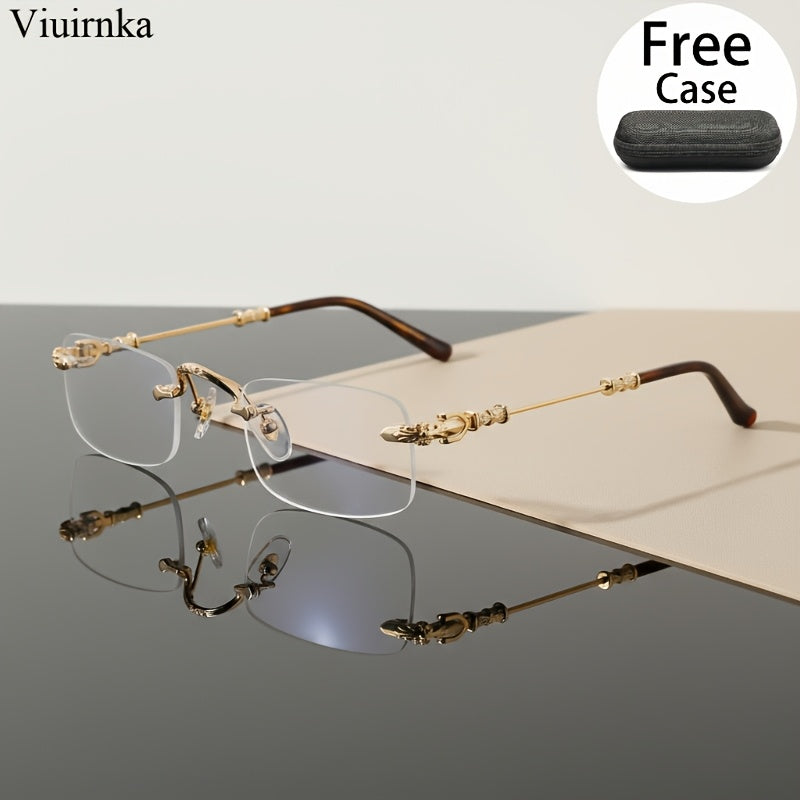 Vintage Square Frameless Glasses - Golden & Silvery Zinc Alloy, HD Transparent Lenses, Fashionable Business Look, Mature Design