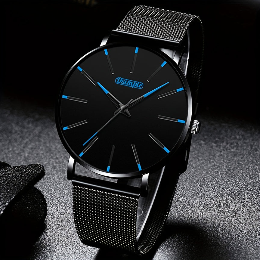 Men's Classic Black Quartz Watch with Stainless Steel Mesh Band, Black Dial & Red Hands, High Quality 1181.1inch, Analog/Digital Display, Date/Day/Stopwatch/Chronograph, Scratch-Resistant Glass, Comfort Fit for Everyday & Formal Wear - Elegant Minimalist