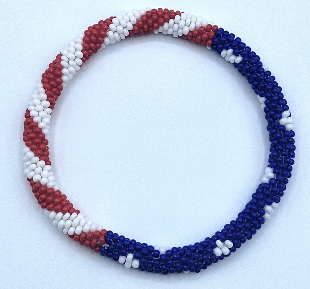 Set of 2 Handmade USA Flag Patriotic Color Design Bracelet Jewelry From Nepal – Glass Beaded Roll-On Crochet Bracelets for Men & Women, Boho Hippie Style, Artisan-Roll-On Bangles, Great Gift for USA Lovers Vacation Style Nepal Artisanship, Patriotic Wrist