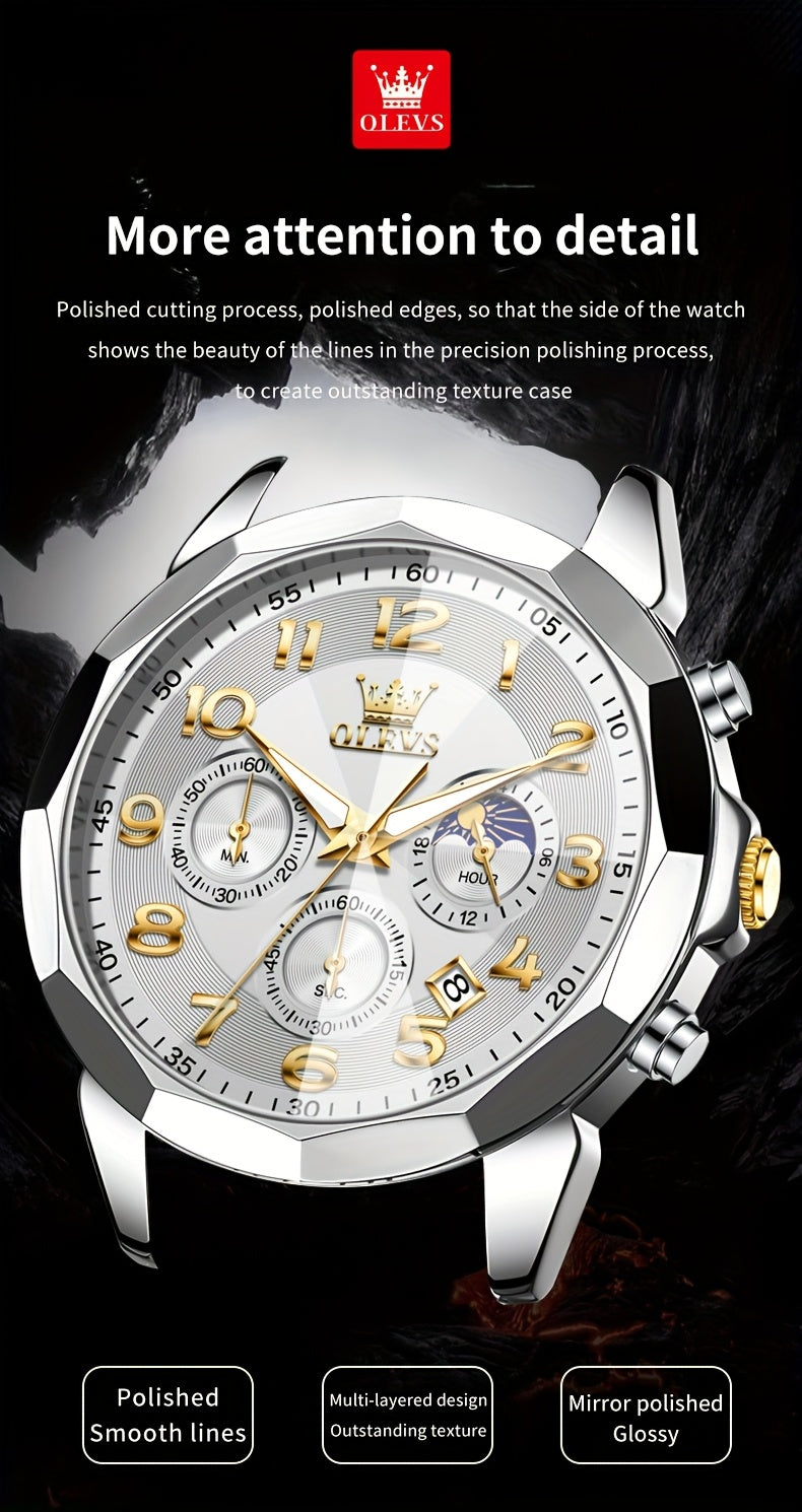 [Luxury Men's Watches] OLEVS Men's Watches Classic Dress Analog Quartz Chronograph Luxury Two Tone Stainless Steel Moon Phase Digital Luminous Date Men's Wrist Watches