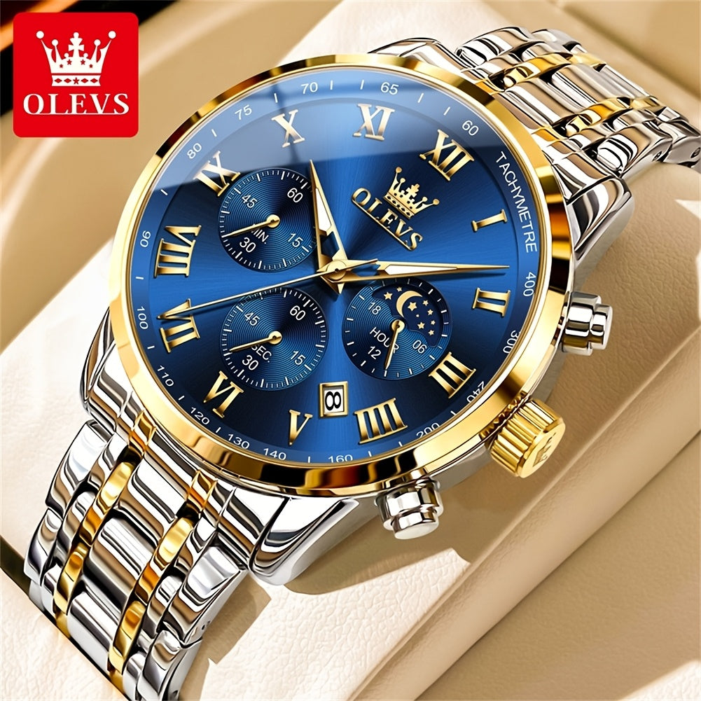 [Luxury Dress Watch] OLEVS Men Watch Stainless Steel Chronograph Roman Numerals Moon Phases Analog Quartz Luxury Dress Watch for Men