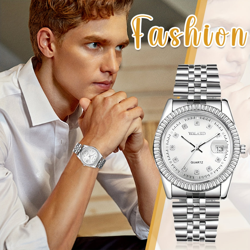 Jewelrywe Mens Golden Tone Quartz Watch: Business Analog Rhinsetone Date Luminous Hands Stainless Steel Removable Strap Casual Wrist Watch Valentine's Day Gift