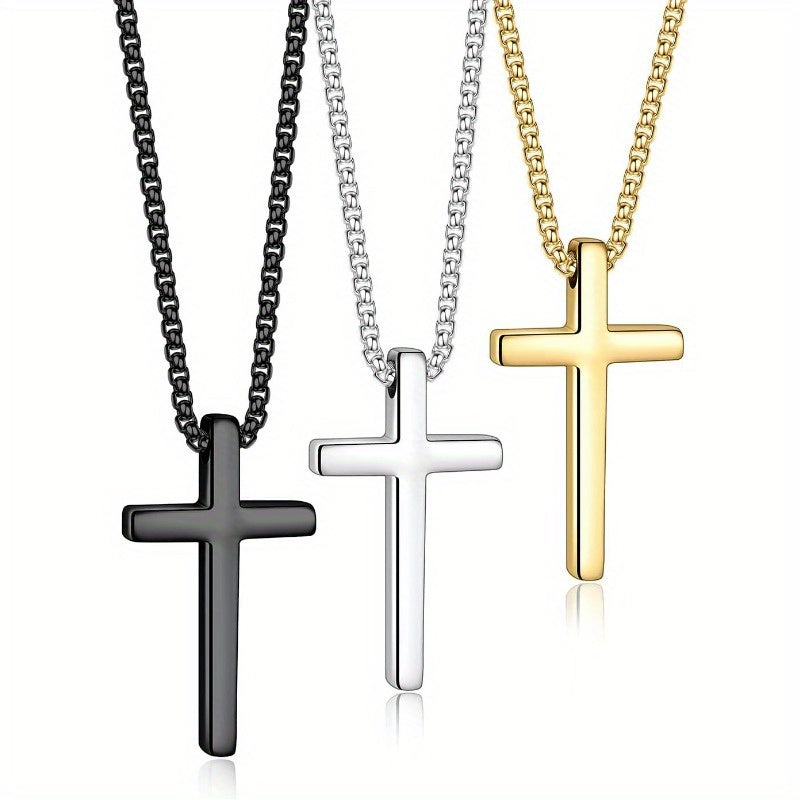 3pcs Cross Necklace For Men, Silvery Black Golden Cross Chain Necklace, Stainless Steel Cross Pendant Jewelry Gifts For Men 16-30 Inches