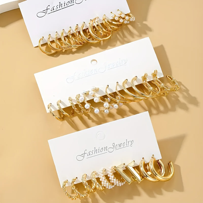[Christmas] A Random Selection Of 18 Pairs Of Simple And Elegant Women's Fashion Hoop Earrings, Set With Imitation Pearls And Featuring A Heart-Shaped, Twisted, Geometric, Irregular Design. Perfect For Everyday Wear, Parties, Music Festivals And Christmas