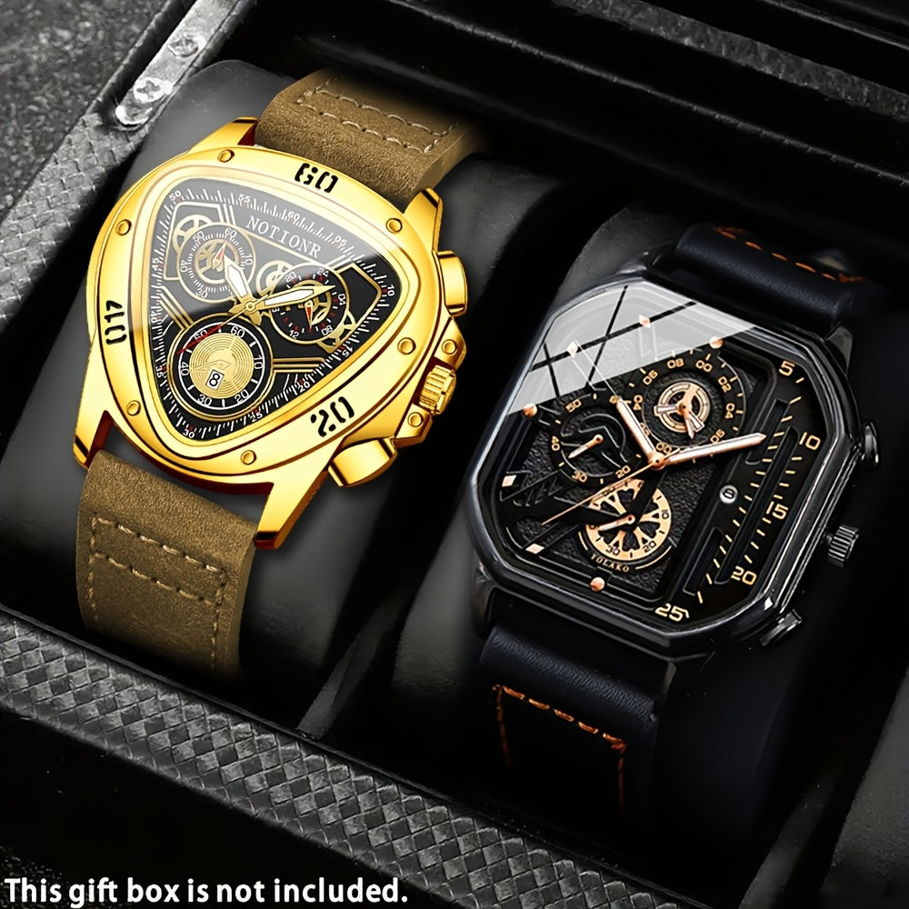 [Valentine's Father's Day Gift] 2pcs/set Luxury Sports Mens Watches For Men With Triangle Dial & Silicone Strap, Chronograph-like, Retro Square Dial & Faux Leather Starp Men Watches, Date Display, Dress Watch For Casual, Valentine's Father's Day Gift, Rel