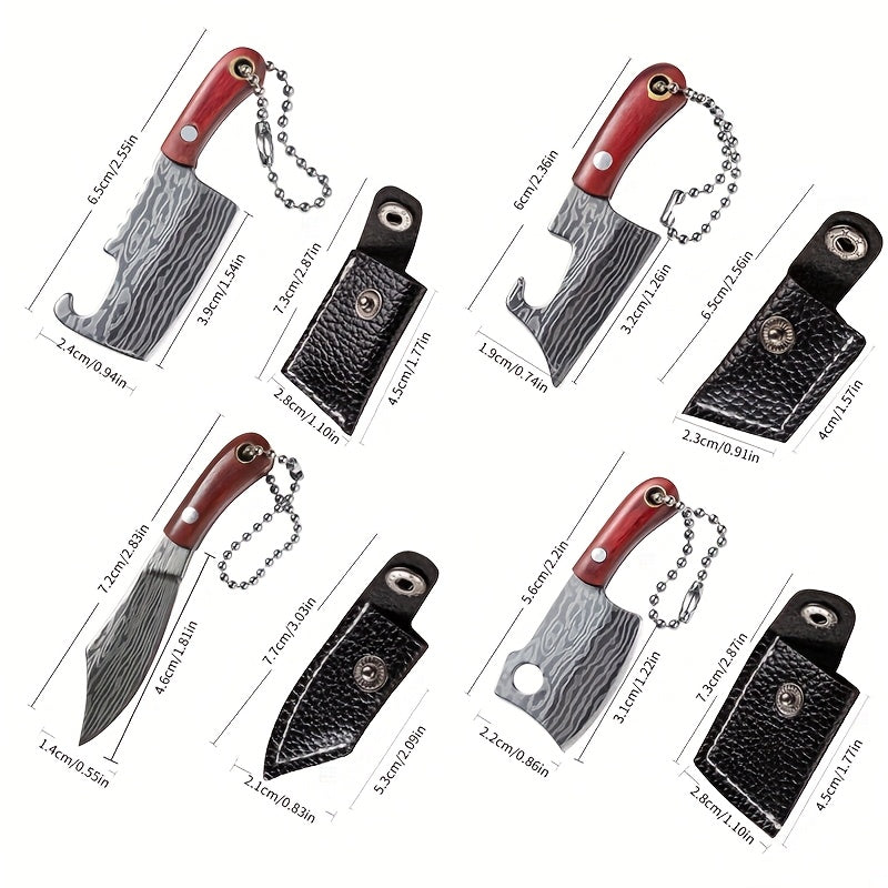 10pcs Random Premium Mini Knife Keychain Set (5 Knives And 5 Knife Sets), Damascus Pattern Pendant Blade, with Leather Cover, Stainless Steel, Non-Foldable, Straight Back, Flat Blade, Lightweight, Luxury Portable EDC Pocket Tool
