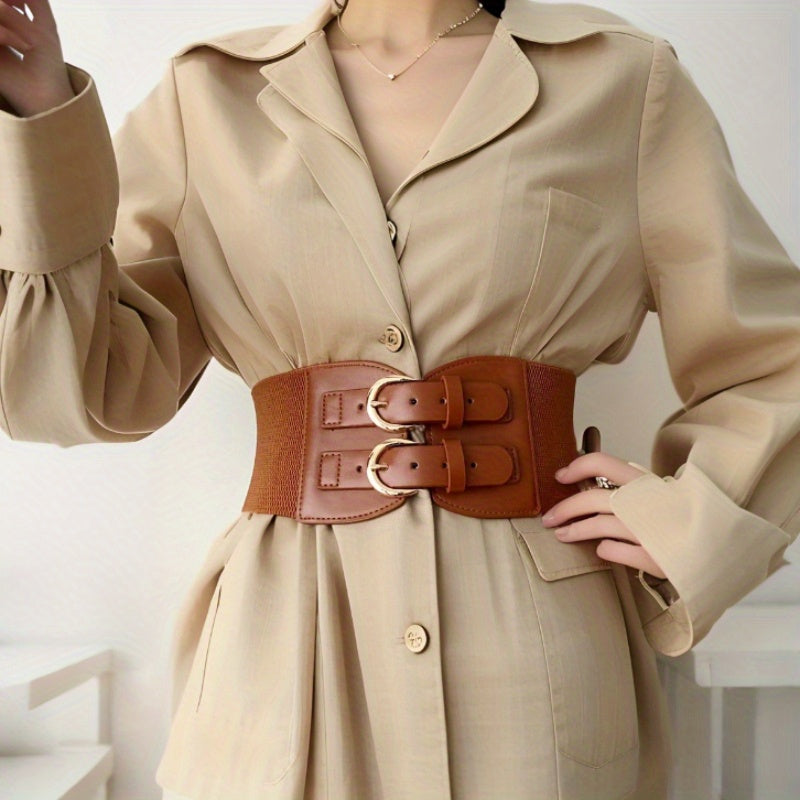 A Plain Bimetallic Buckle Width Women'S Corset Belt, a Casual And Easy Elastic Accessory for Dresses, Shirts, Coats, Suits, Suitable for Parties, Commuting, Street Events, And Holiday Outfits (Packaged in an Opp Bag)