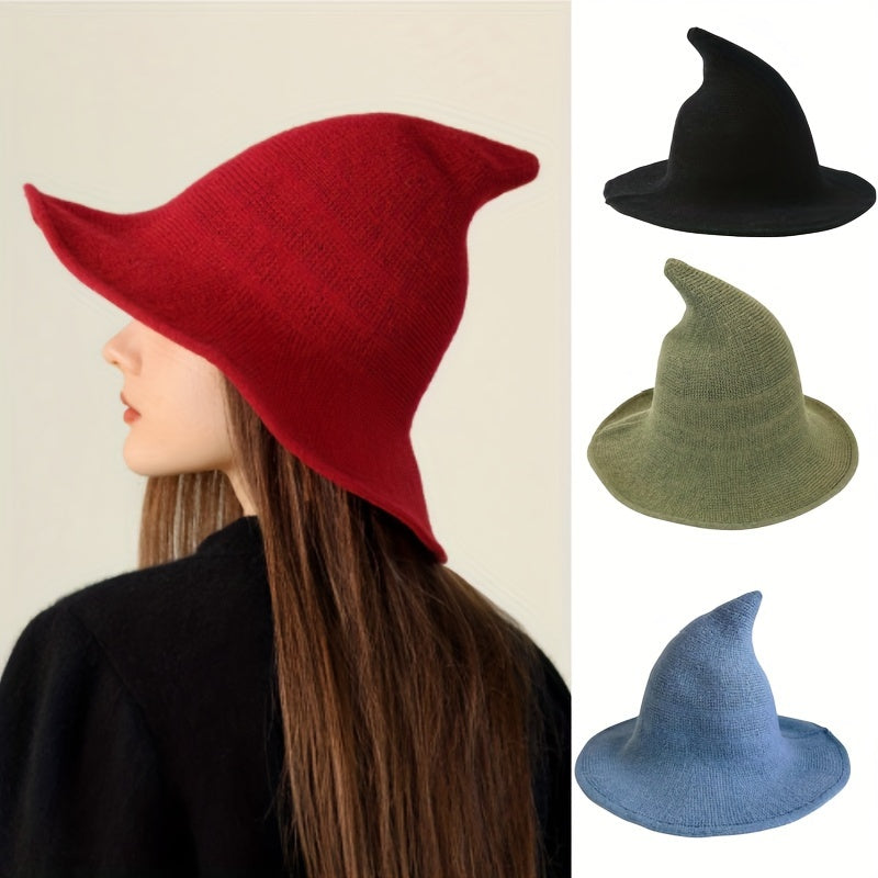 [Black Wool Hat] Wool Blend Knitted Hat, Black Pointed Solid Color Crochet Witch Hat | For Women, Perfect For Daily Wear Fall Winter, Christmas Gifts For Halloween New Year