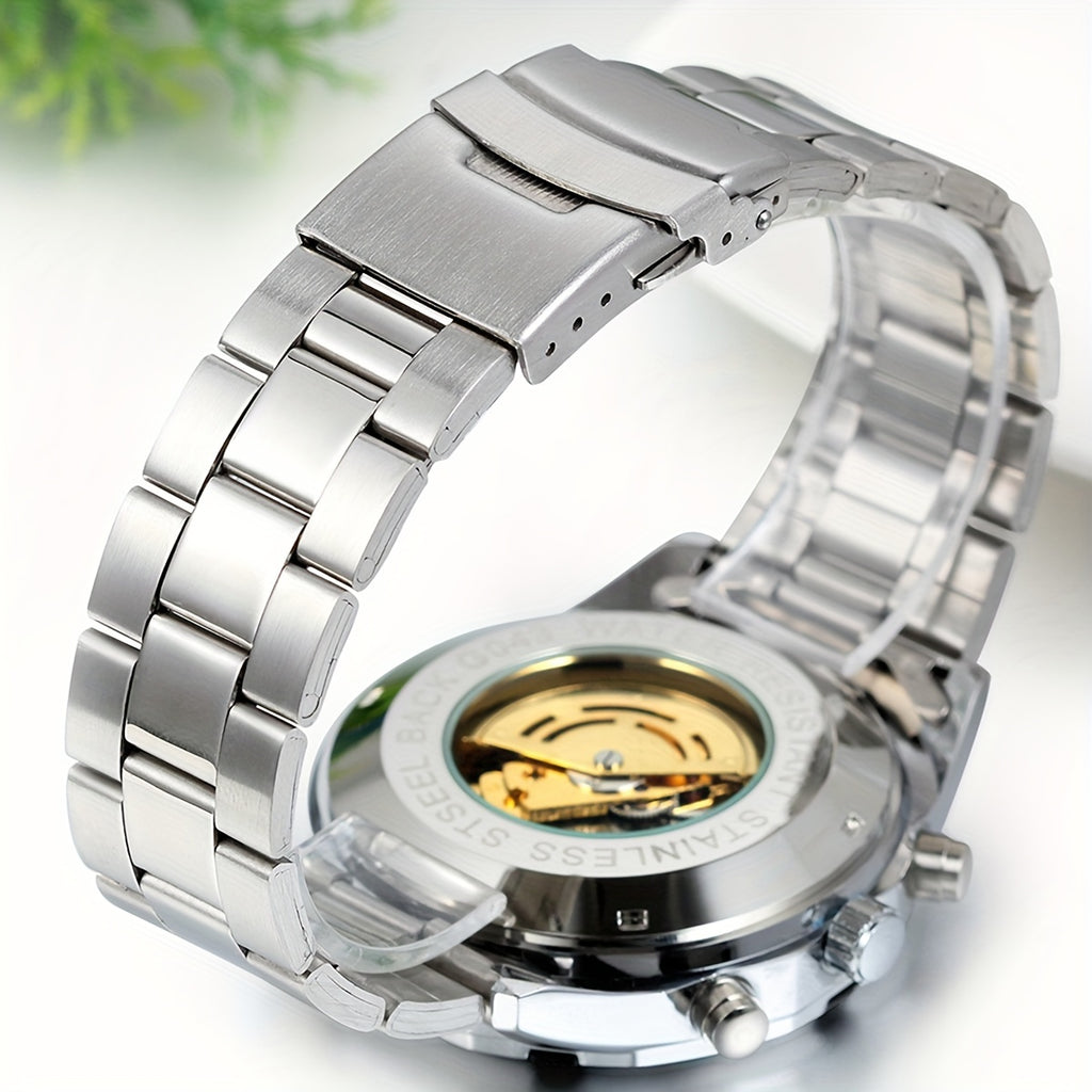 [Automatic Skeleton Watch] Jewelrywe Men's Self-Winding Watch Stainless Steel Band Automatic Mechanical Skeleton Wristwatches, Without Battery