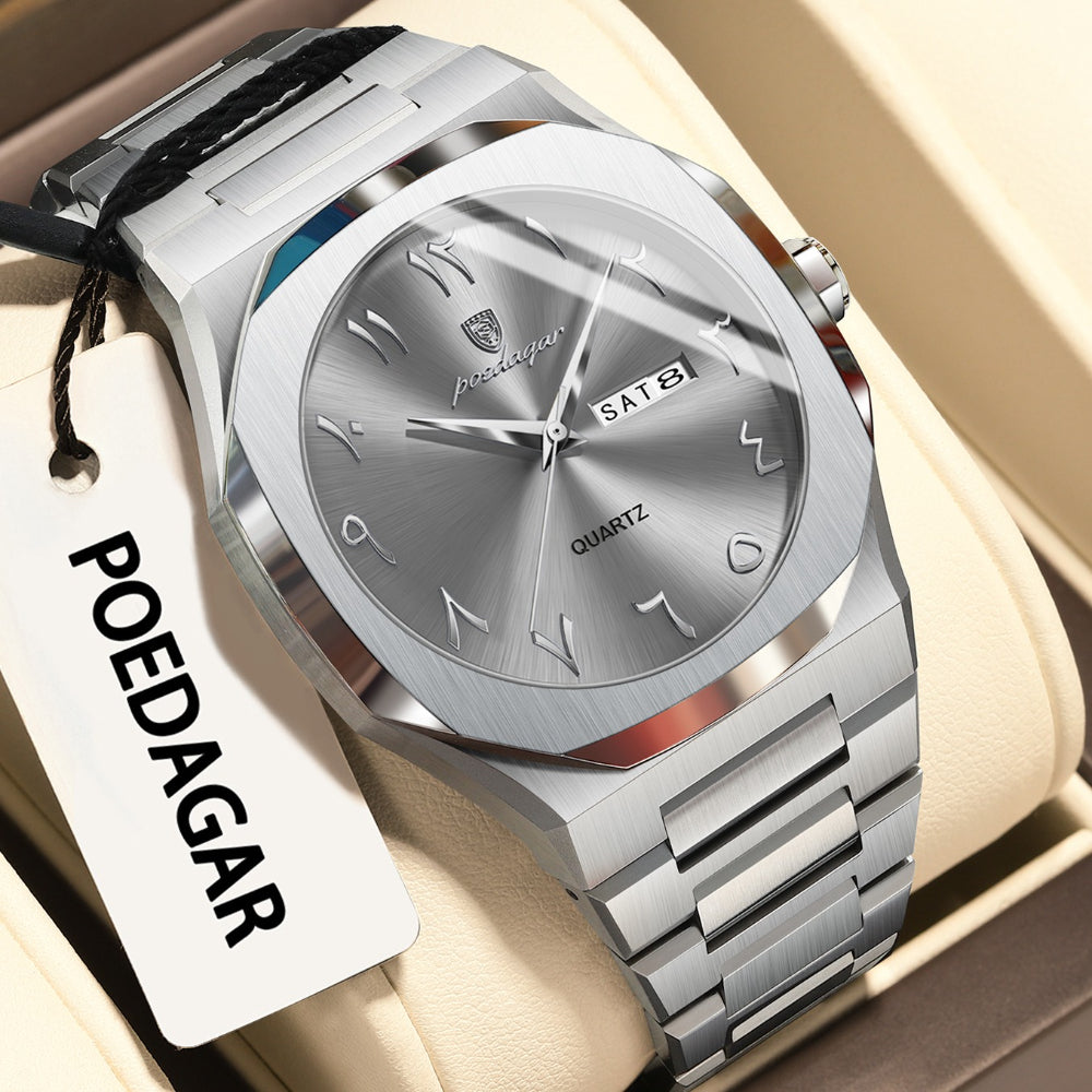 POEDAGAR Men's Automatic Week & Date Display Watch - Minimalist Casual Quartz Wristwatch with Stainless Steel Band, 3ATM Case, Battery-Powered Analog Timepiece for Casual Attire, Durable & Affordable for Daily Use Suitable for Men and