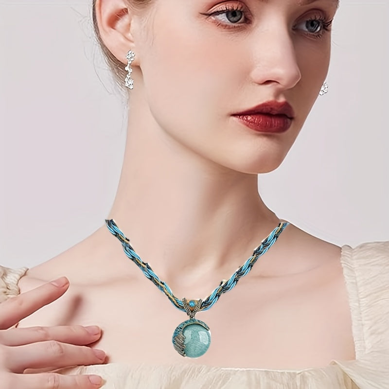 Turquoise Rhinestone Twist Woven Rope Chain Pendant - Vintage Bohemian Style Collar Necklace - Women Lady Retro Fashion Jewelry