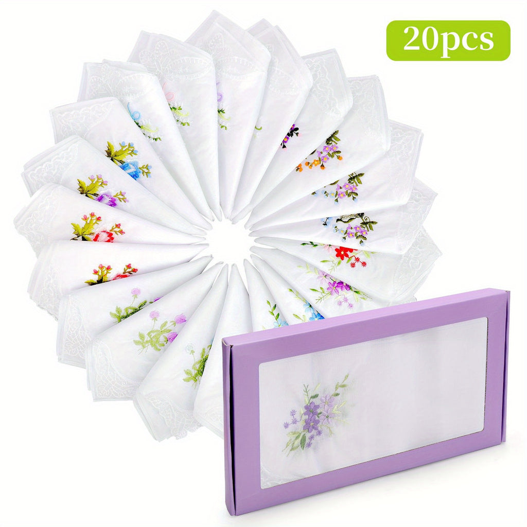 Set of 20 Floral-Embroidered Handkerchiefs for Ladies, Measuring 11 Inches, Made of Soft, Featuring Elegant White Lace Edges, Perfect As a Gift