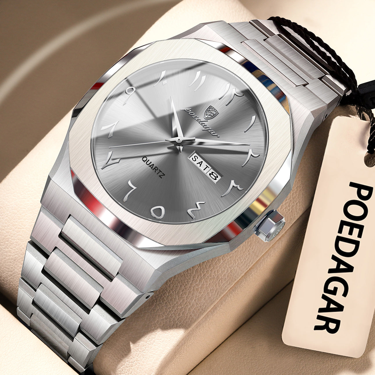 POEDAGAR Men's Automatic Week & Date Display Watch - Minimalist Casual Quartz Wristwatch with Stainless Steel Band, 3ATM Case, Battery-Powered Analog Timepiece for Casual Attire, Durable & Affordable for Daily Use Suitable for Men and