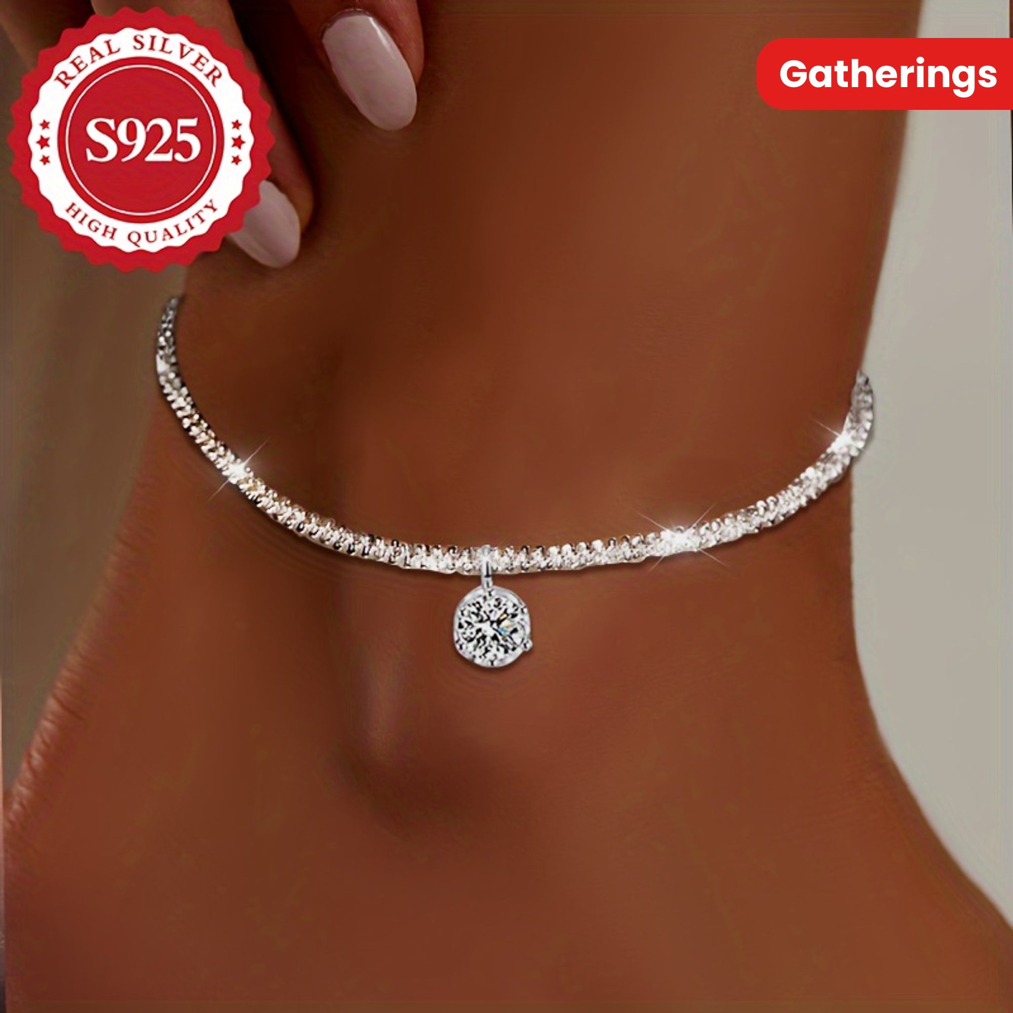 [Parties, Weddings] 925 Silver Lady Ultra-Fast Flash Moissanite Cabbage Ankle Chain, Suitable For Daily Wear, Parties, Weddings, Hypoallergenic, Total Weight Of The Product (1.3g)