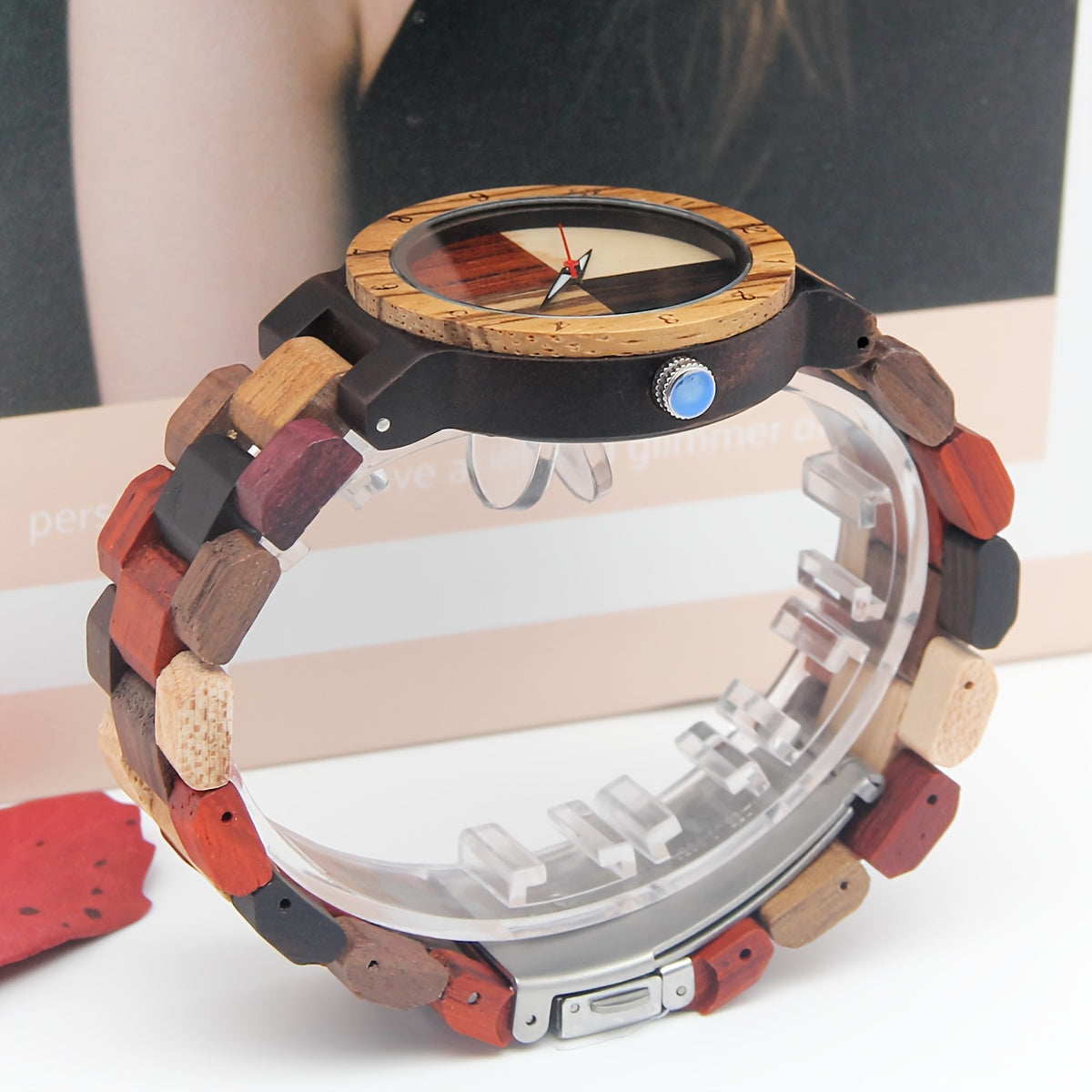 Wooden Ladies Watch, Multicolor Wooden Strap, Four-Color Dial, Wood Quartz Wristwatch