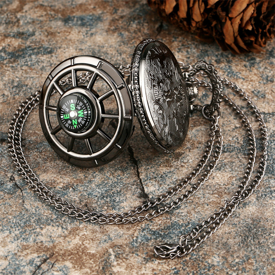 Compass Design Vintage Hollow Skeleton Pocket Watch, Black Starry Round Dial Pendant Clock, Halloween Birthday Christmas New Year Presents