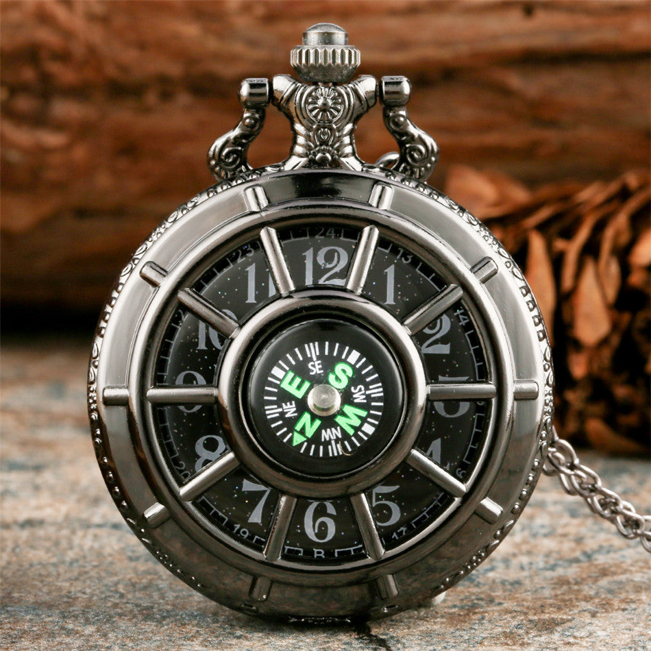 Compass Design Vintage Hollow Skeleton Pocket Watch, Black Starry Round Dial Pendant Clock, Halloween Birthday Christmas New Year Presents