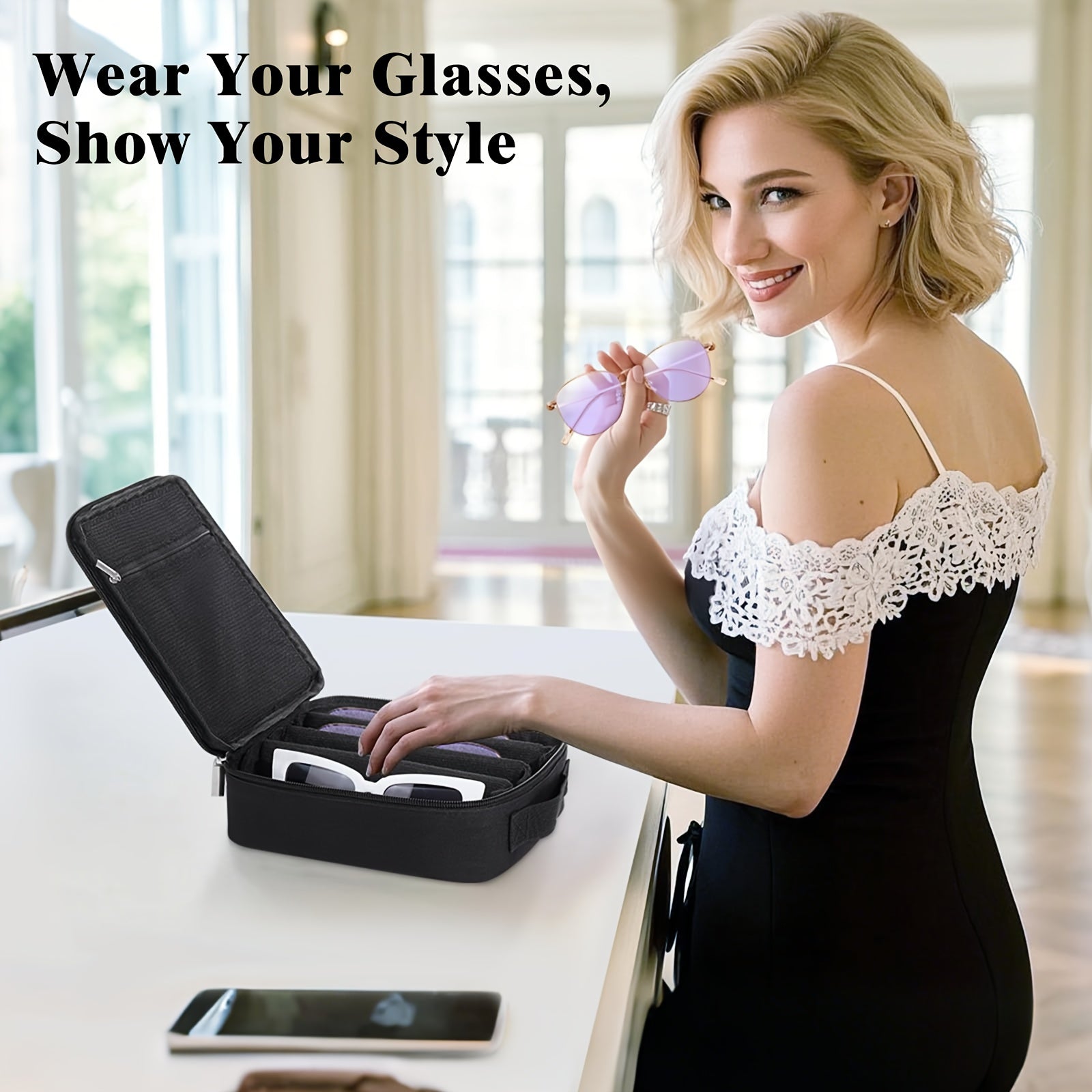Organizer Case Adjustable Slot for Eyeglasses Hard-Shell Portable Storage Box for Men Women