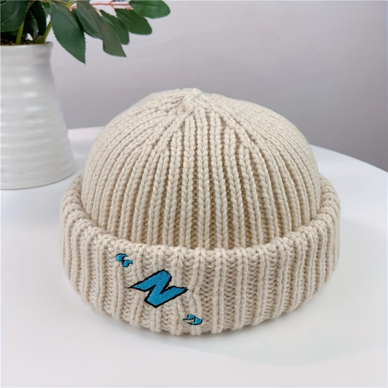 Men's Winter Warm Knit Beanie Cap - Basic Style, Machine Washable, Polyester Fiber Embroidery, Unisex Fashion Roll-Up Cuff