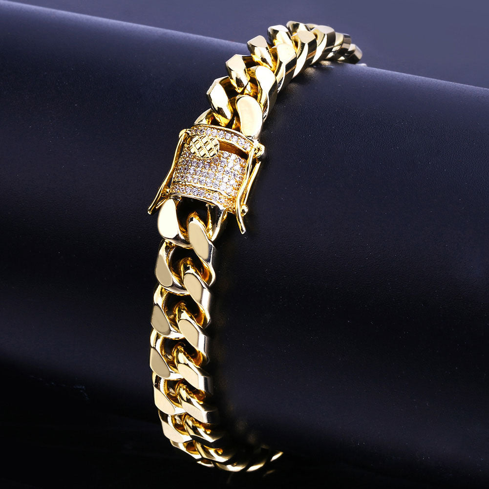 1PC Iced Out CZ Hip Hop Copper Material Golden Plated Cuban Link Bracelet for Women Men Luxury Bracelets on Hand Jewelry Gifts