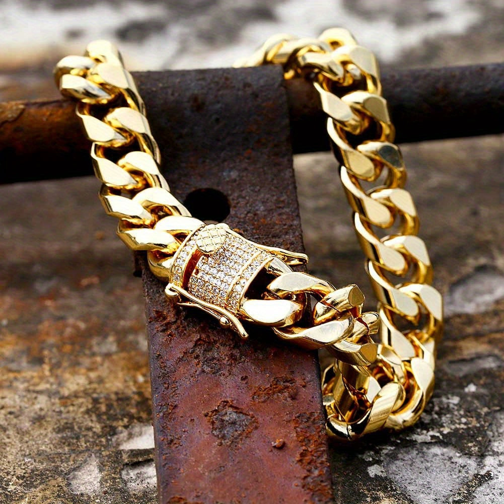 1PC Iced Out CZ Hip Hop Copper Material Golden Plated Cuban Link Bracelet for Women Men Luxury Bracelets on Hand Jewelry Gifts