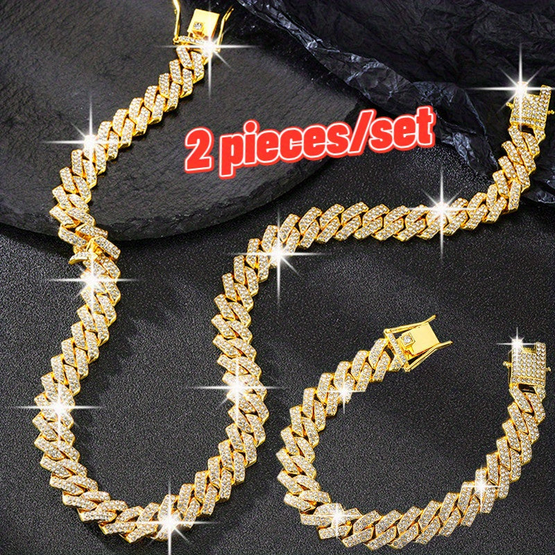 Rhinestones Cuban Link Necklace and Bracelet Set - Unisex Punk Style, Y2K Hip Hop Jewelry | September Birthstone, Luxury Gift
