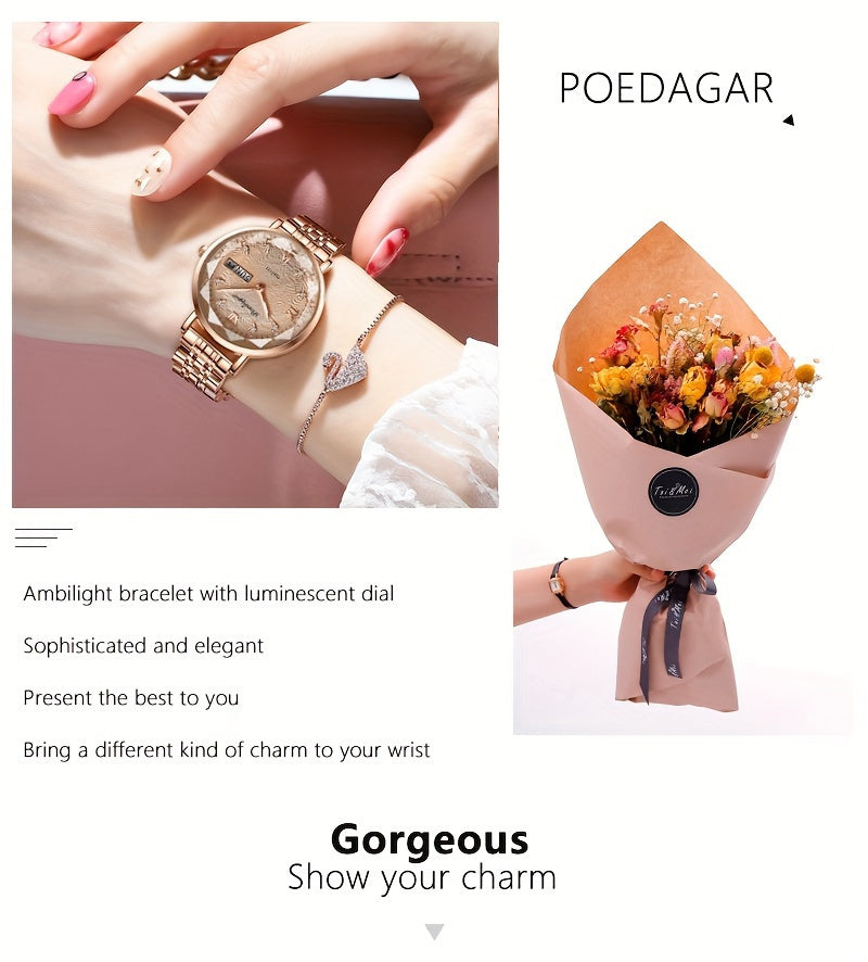 Elegant POEDAGAR Women'S Watch - Luminous Rhinestone Quartz, Stainless Steel Band, Calendar Date - Perfect for Evening Wear
