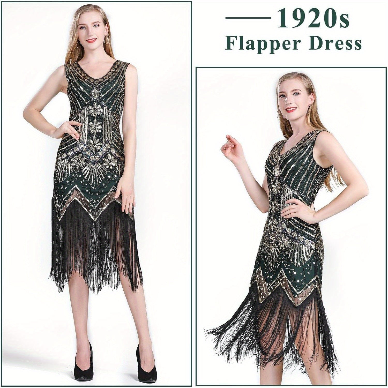 1920s V Neck Sequin Beaded Fringed Dress with 20s Accessories Set