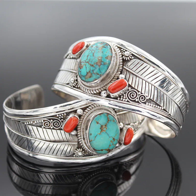 Vintage Ethnic Style Inlaid Imitation Turquoise Opening Adjustable Bracelet Jewelry Gift 1pc