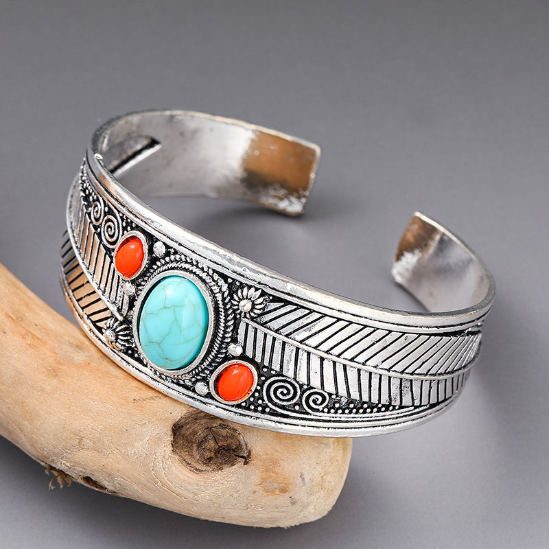 Vintage Ethnic Style Inlaid Imitation Turquoise Opening Adjustable Bracelet Jewelry Gift 1pc