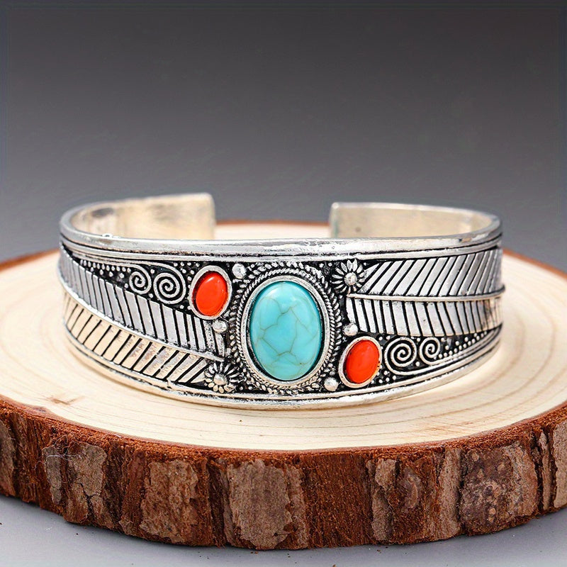 Vintage Ethnic Style Inlaid Imitation Turquoise Opening Adjustable Bracelet Jewelry Gift 1pc
