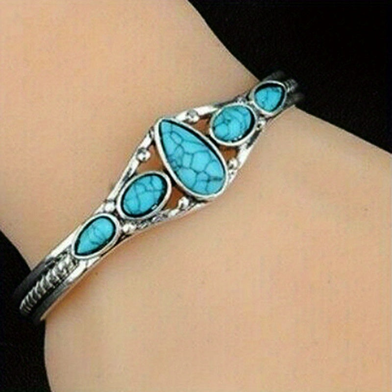925 Pure Silvery 2pcs/ Set Bohemian Style Retro Turquoise Carved Hollow Geometric Bracelet with Adjustable Opening
