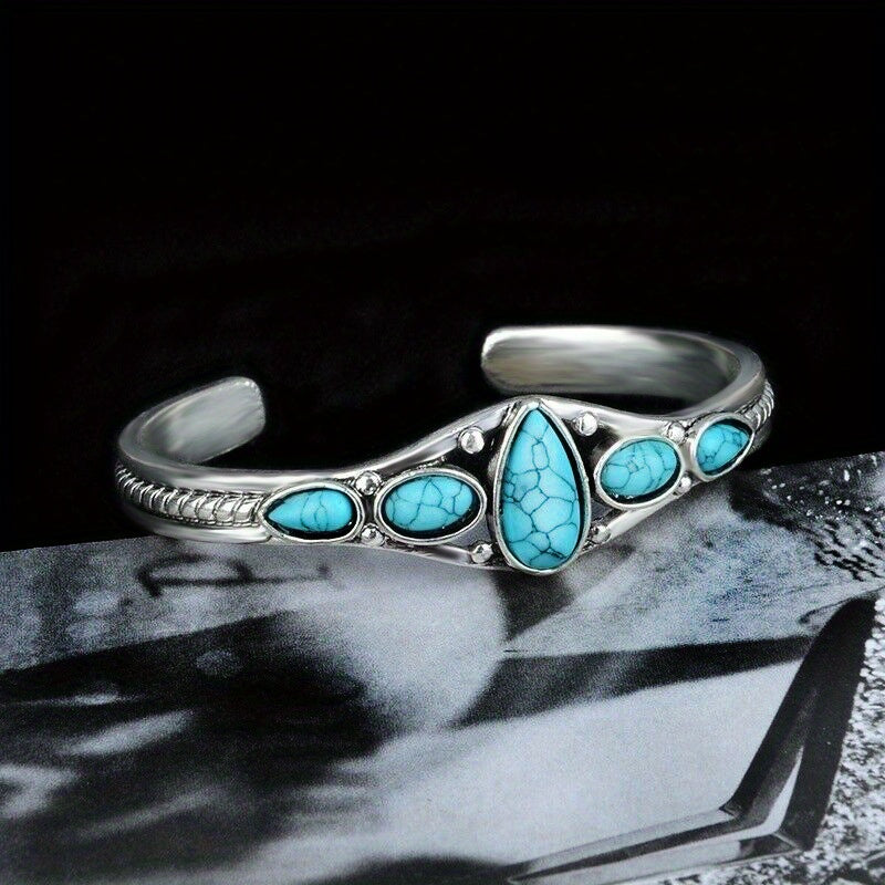 925 Pure Silvery 2pcs/ Set Bohemian Style Retro Turquoise Carved Hollow Geometric Bracelet with Adjustable Opening