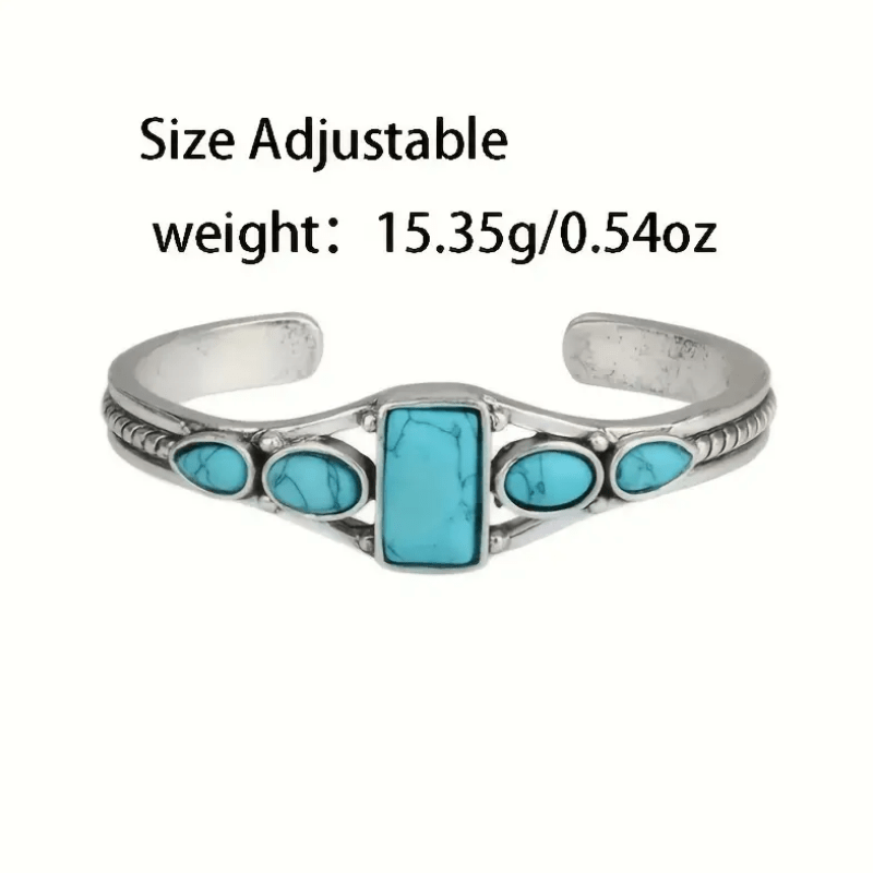 925 Pure Silvery 2pcs/ Set Bohemian Style Retro Turquoise Carved Hollow Geometric Bracelet with Adjustable Opening
