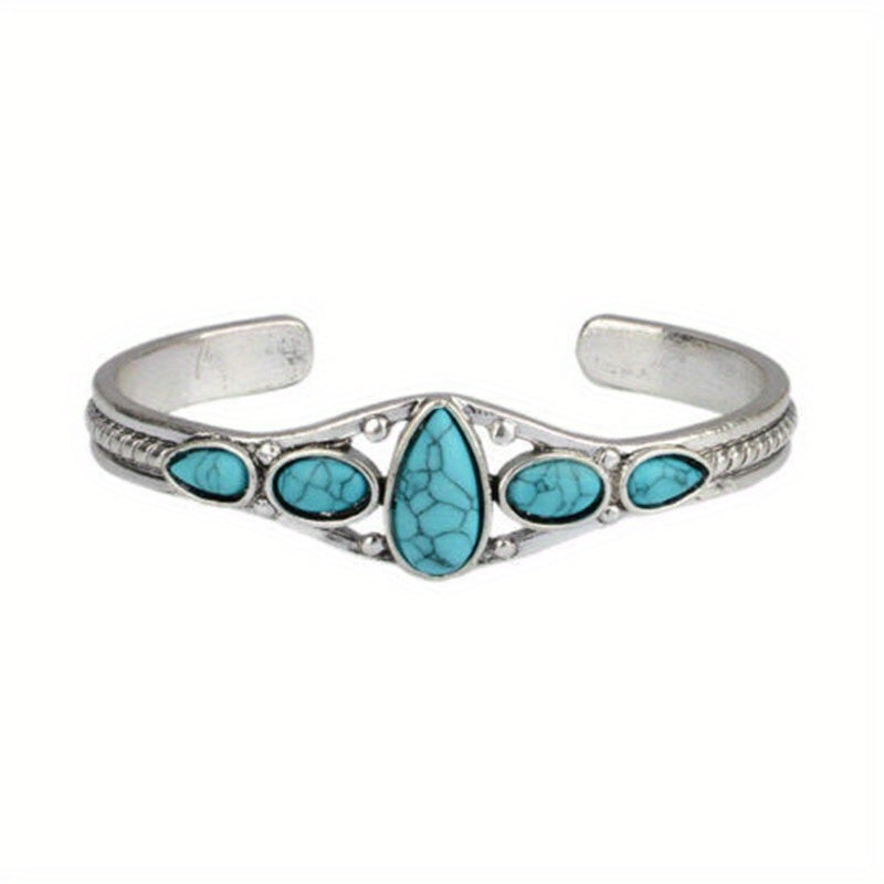 925 Pure Silvery 2pcs/ Set Bohemian Style Retro Turquoise Carved Hollow Geometric Bracelet with Adjustable Opening
