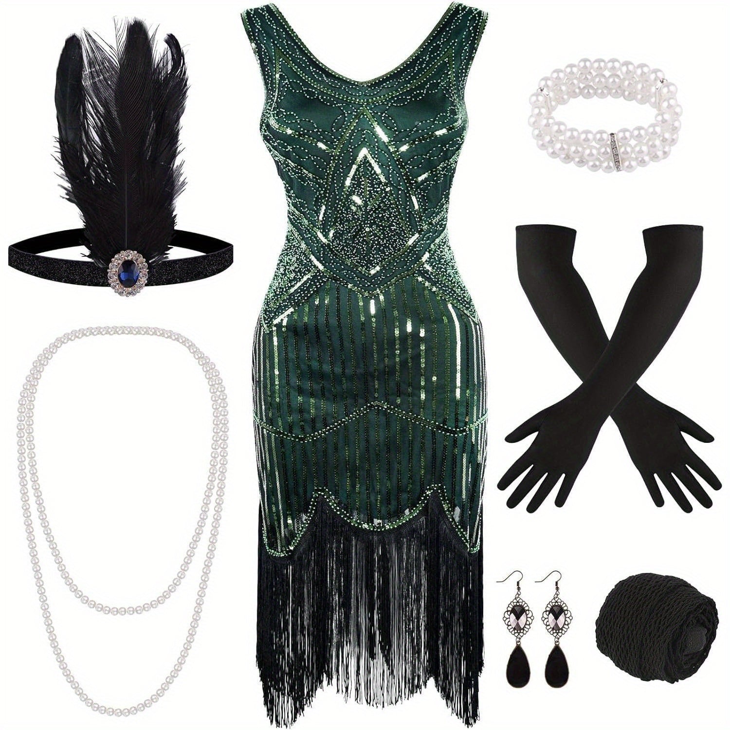 1920s V Neck Sequin Beaded Fringed Dress with 20s Accessories Set