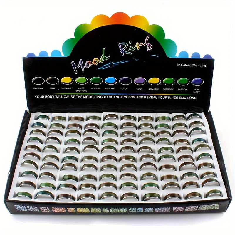 [Temperature Change Rings] 100pcs Temperature Change Color Rings With Box 6mm Color Random Changing Ring Mood Emotion Temperature Index Copper Color Change Ring For Women Men+Display Box