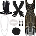 FEPITO 1920S V-Neck Sequin Beaded Fringed Dress with 20S Additions Set. Mother'S Day Gift