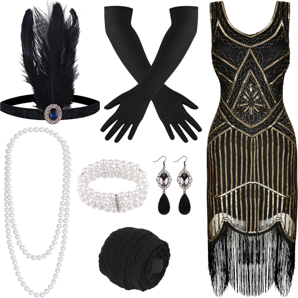 FEPITO 1920S V-Neck Sequin Beaded Fringed Dress with 20S Additions Set. Mother'S Day Gift