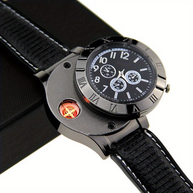 USB Lighter Watch for Men, Casual Windproof Flameless Cigarette and Cigar Lighter, the Best Gift for Father and Husband