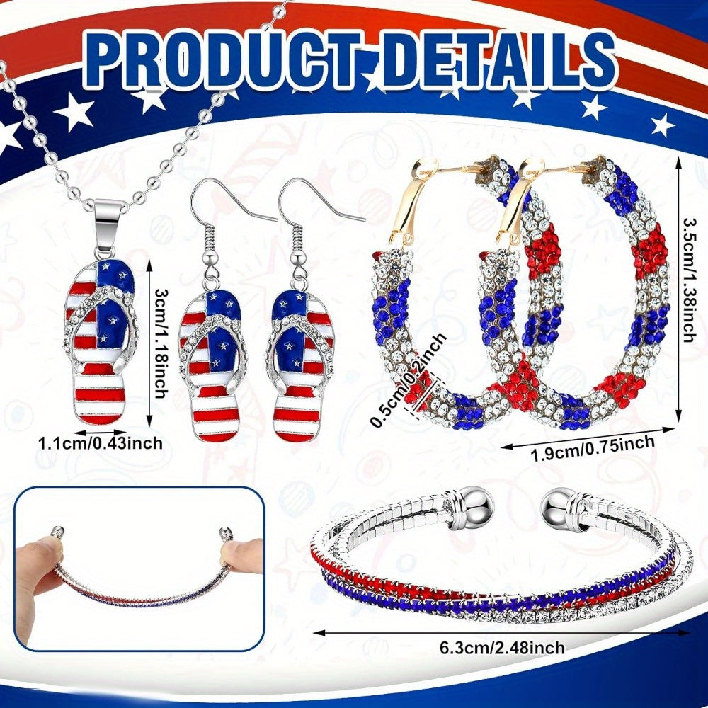 Set of 4pcs of Jewelry for Women Celebrating The 4Th of July, Including Patriotic Earrings, a Bracelet for Independence Day, And a Necklace Featuring The American Flag, Perfect As Gifts
