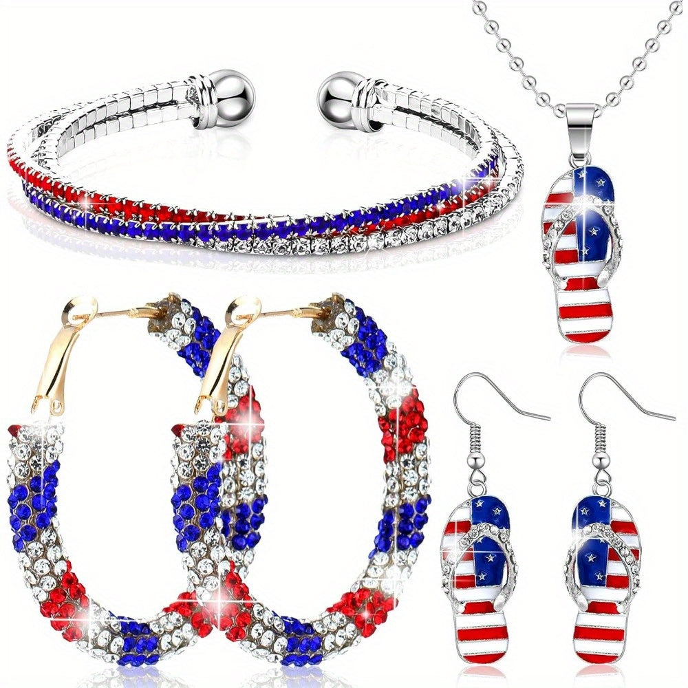 Set of 4pcs of Jewelry for Women Celebrating The 4Th of July, Including Patriotic Earrings, a Bracelet for Independence Day, And a Necklace Featuring The American Flag, Perfect As Gifts